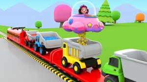 Пинки и панда играют с поездом, перевозящим самосвалы