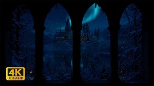4К Вид из Окна для Проектора с Видом на Замок Хогвартс ❄️ Снежная Буря и Атмосфера Гарри Поттера