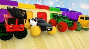 Изучаем цвета полицейских машин, пожарных машин, грузовика, фруктового колеса и палочки, сборки шины