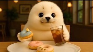 Тюлень ест разноцветные пончики в кафе 🦭🍩 Как же приятно быть сытым и счастливым ✨