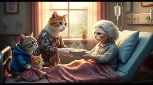Кот-дедушка в больнице — Кошка-мать и котята приносят кашу  Miu Miu Cat Life