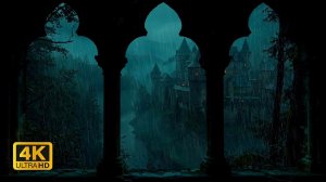 4К Вид из Окна на Средневековый Замок с Дождем и Грозой, Расслабляющая Атмосфера для Глубокого Сна