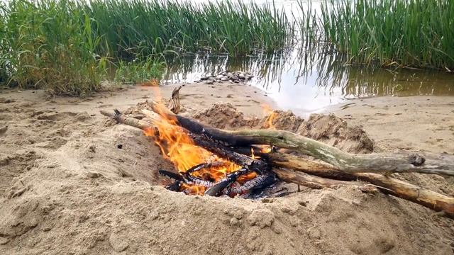 Костер на природе возле реки, треск дров смотреть онлайн