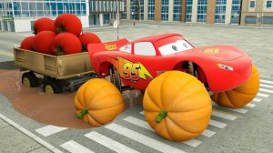 Изучаем фрукты вместе с Молнией Маккуином. Колеса застряли в воде. Машинки Маккуин перевозит фрукты