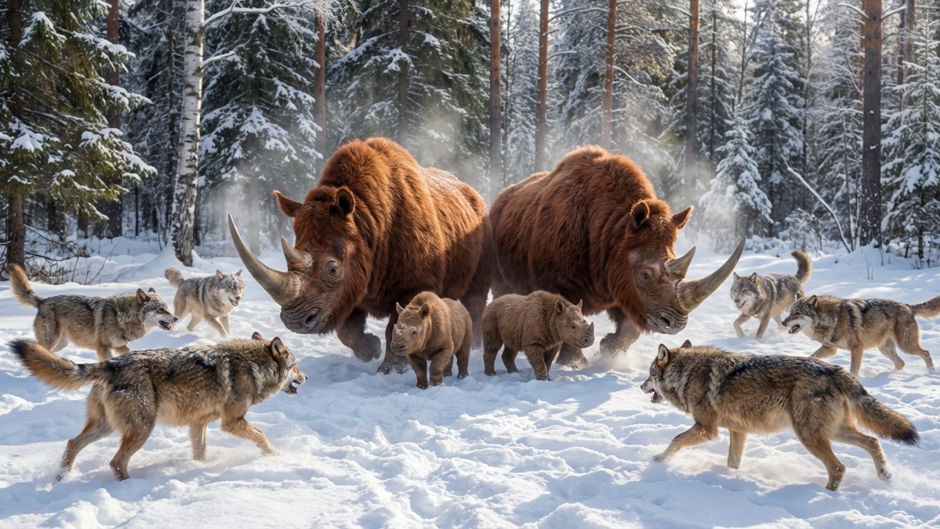 Битва ледникового леса: шерстистые мамонты и носороги, пищерные волки (ИИ-воссоздание)