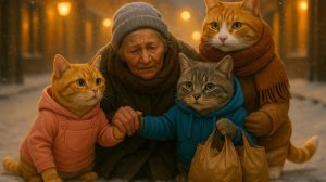 Мама-кошка и двое котят помогают пожилой женщине — Согревающая душу зимняя история