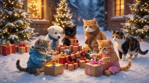 Рождественский пир мамы-кошки и двух котят — Тёплая ночь в кругу друзей