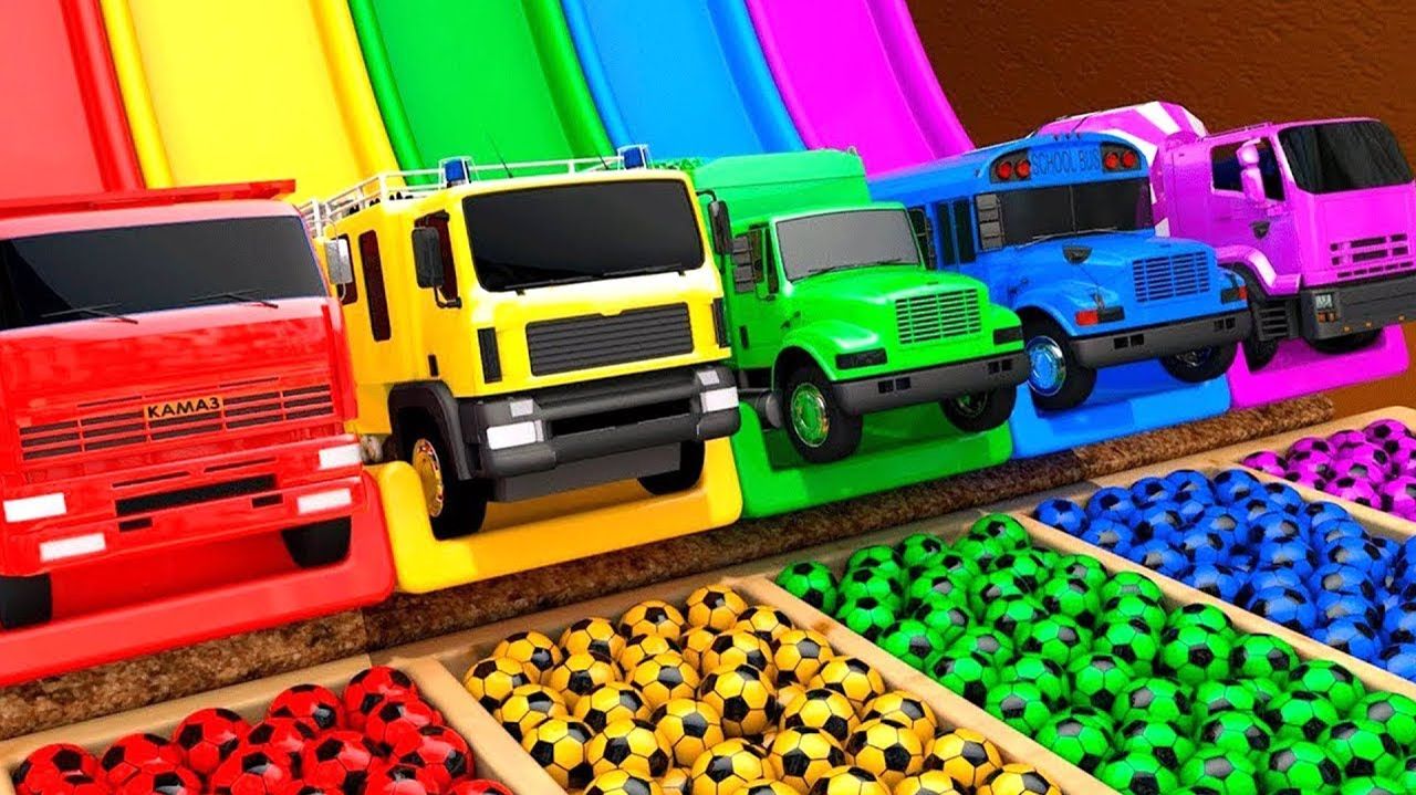 Изучаем цвета с помощью 9 уличных машинок и неожиданного футбольного мяча Надувная игрушка для детей смотреть онлайн
