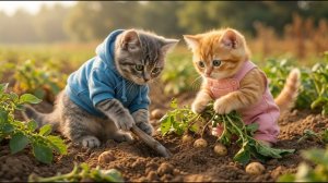 Самые сладкие выходные — Двое котят помогают маме-кошке собирать урожай картошки