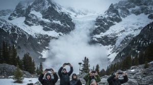 в горах сошла лавина из со лаины вылетели объекты и накрыло людей.