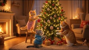 Теплая Рождественская ночь – Мама-кошка и ее двое котят празднуют вместе
