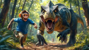 Мультики для детей, обезьянка убегает от динозавра.