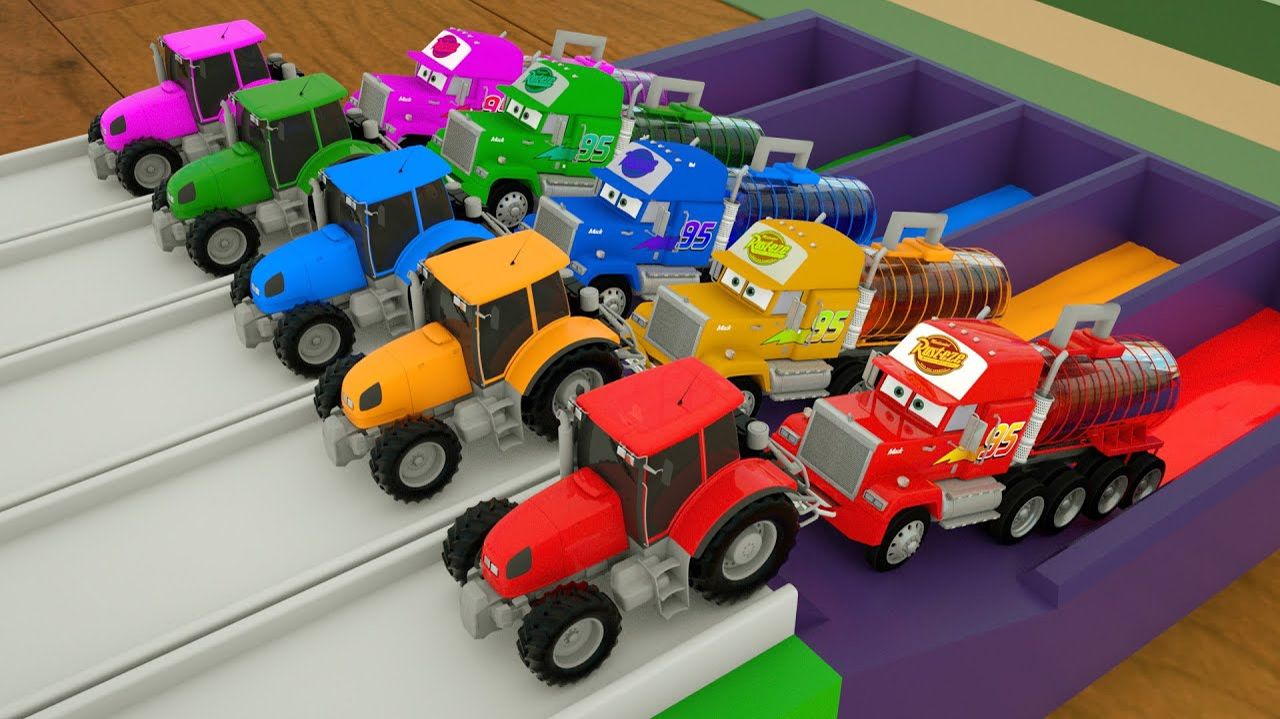 Изучаем цвета с помощью машинок Маккуин, Мак грузовик и транспортных средств. Сборка для покраски смотреть онлайн