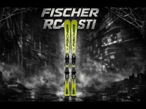 Горные лыжи Fischer RC4 STI. Желтый след на белом снегу.