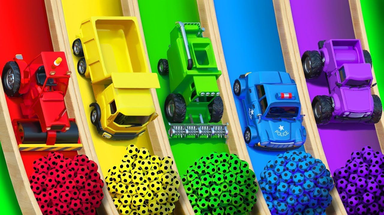 Учим цвета с помощью транспорта и неожиданного футбольного мяча на волшебной водной горке для детей смотреть онлайн