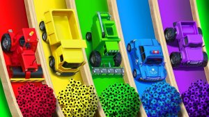 Учим цвета с помощью транспорта и неожиданного футбольного мяча на волшебной водной горке для детей