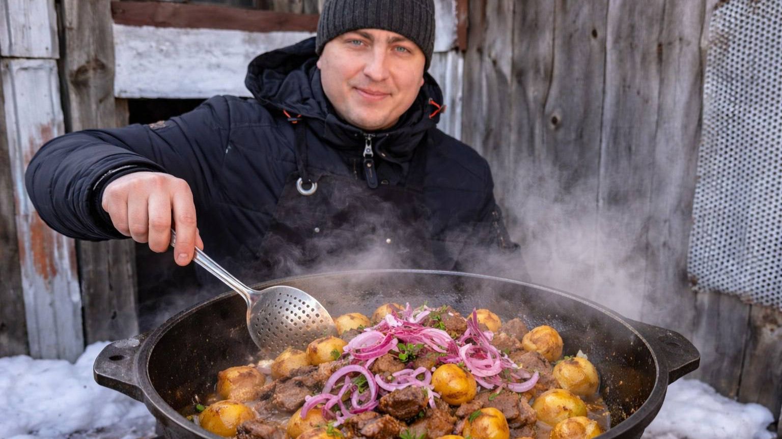 КАЗАН-КЕБАБ В КАЗАНЕ НА КОСТРЕ/БРАТ ГОТОВИТ смотреть онлайн
