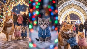 Мама-кошка и котята на первом Рождественском фестивале огней — ночь, которую маленький котенок