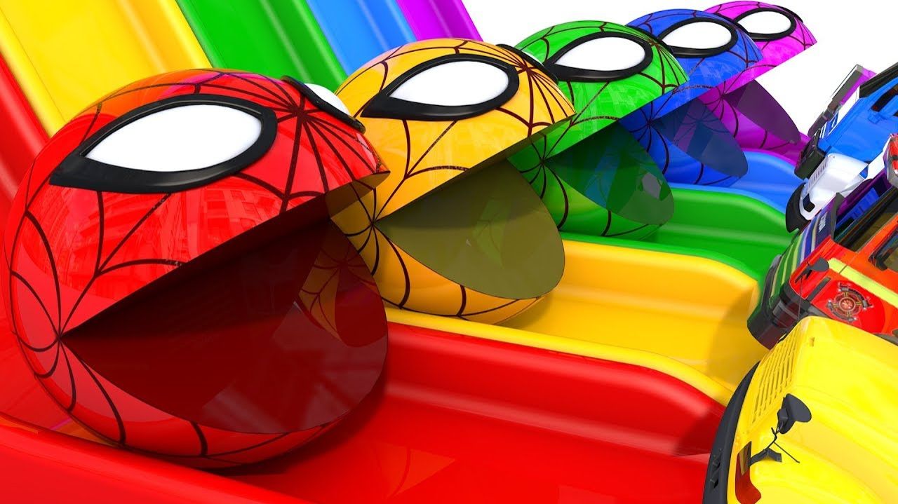 Изучаем цвета с Пакманом — горка, мяч-паук, экскаватор, уличная техника для детей смотреть онлайн