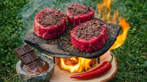 Приготовление стейка на открытом огне и камне.