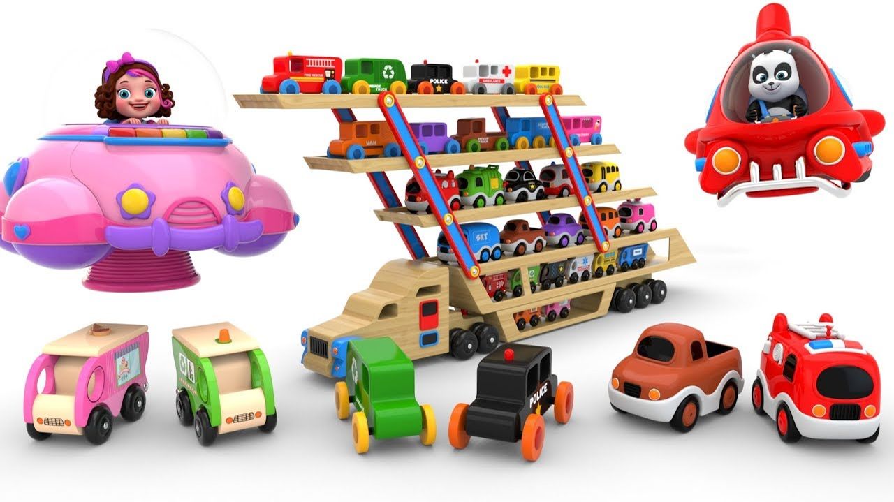 Пинки и Панда весело играют с игрушечными машинками-транспортерами