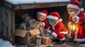 Мама-кошка Санта и ее двое котят: Рождество любви для бездомных кошек