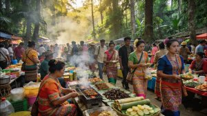 День рынка в тропических лесах на границе Китая, Мьянмы и Лаоса.