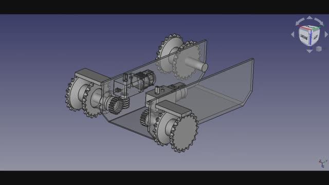 FreeCAD. Гусеничная тележка на 2х  жёлтых моторах с червячной передачей.