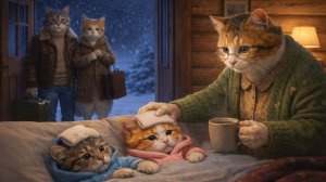 рогательная зимняя история: бабушка-кошка заботится о больных котятах