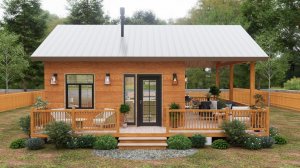 Лесное убежище 6x6 метров: дом, где веранда почти такая же большая, как и сам домик