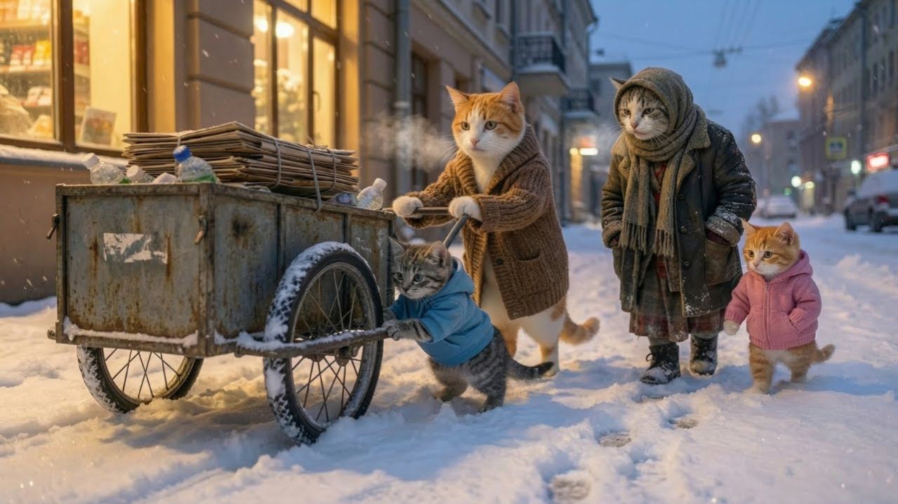 Мама-кошка и ее котята помогли одинокому сборщику вторсырья в зимнюю стужу смотреть онлайн