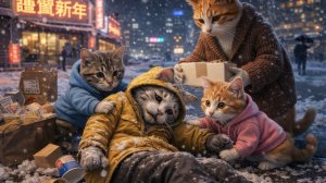 Теплая новогодняя ночь — пожилой кот-кораблестроитель и добрая кошачья семья