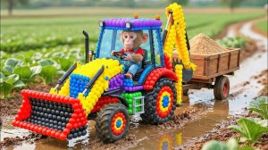 ОБЕЗЬЯНКИ ДЕТЯМ НАНА КОРМИТ ЦЫПЛЯТ И СОБИРАЕТ ЯБЛОКИ ФЕРМА ТРАКТОР ЭКСКАВАТОР СИНИЙ ТРАКТОР