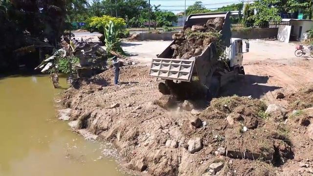 Nicely First Start New Project Dozer Push Rock Into Water Deleted Old Pond Best Dump Truck смотреть онлайн