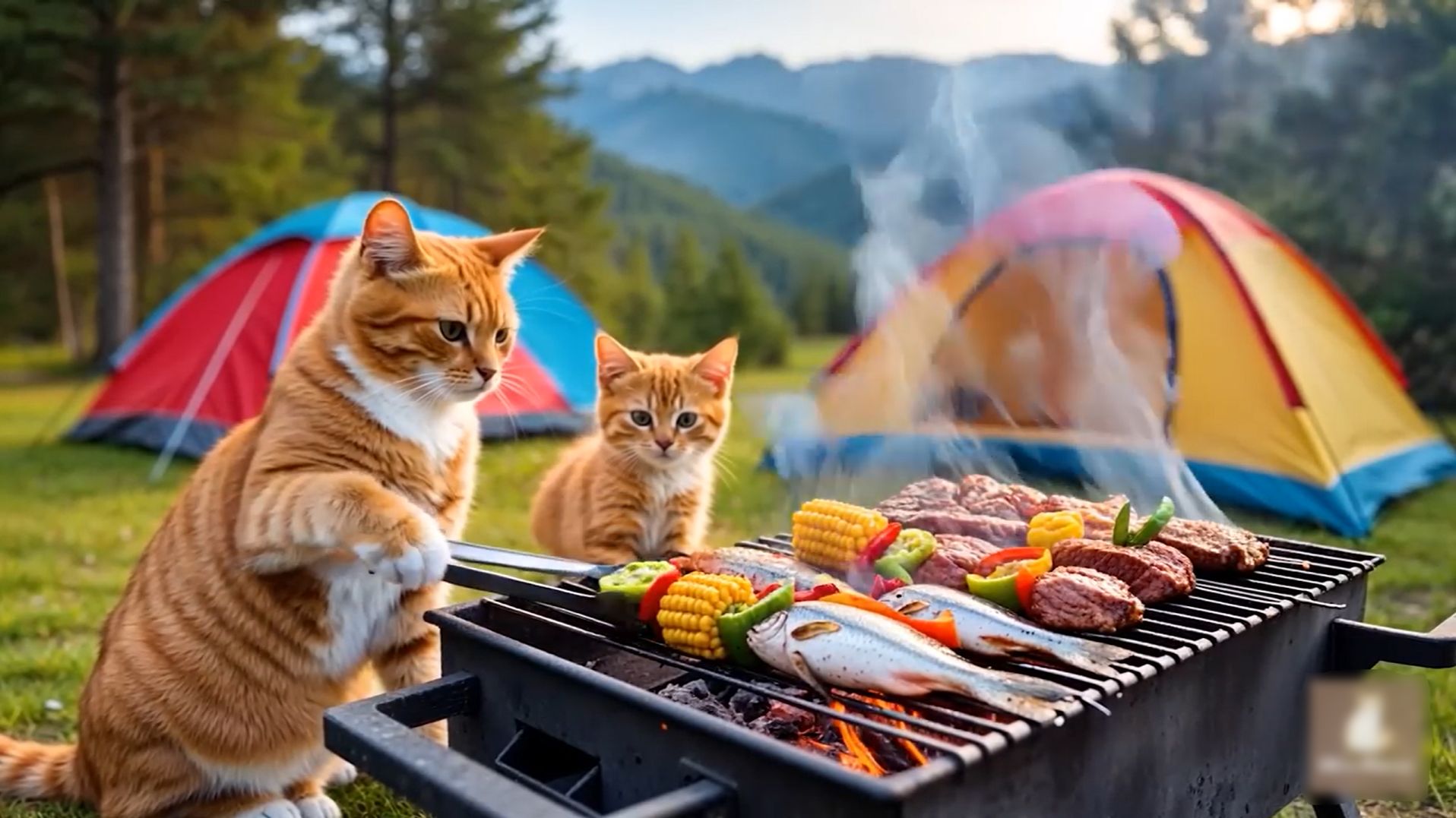 😹Мама кошечка со своим маленьким сыночком отдыхают на природе и жарят мясо и овощи на гриле🔥