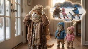 Мама-кошка и ее двое котят впервые пробуют подледную рыбалку