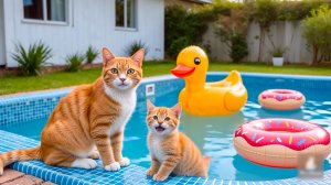 😹Мама кошечка со своим маленьким котёночком купаются в новом бассейне🔥