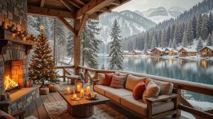 Зимний уют у озера 🔥❄️  Камин и вид на горные домики для отдыха