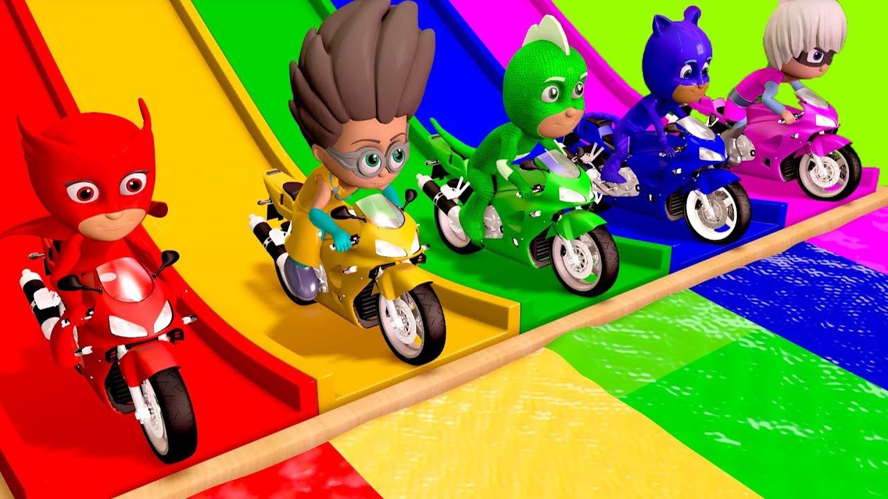 Учим цвета вместе с уличными машинками и героями мультфильма Маски ПиДжея на волшебной водной горке