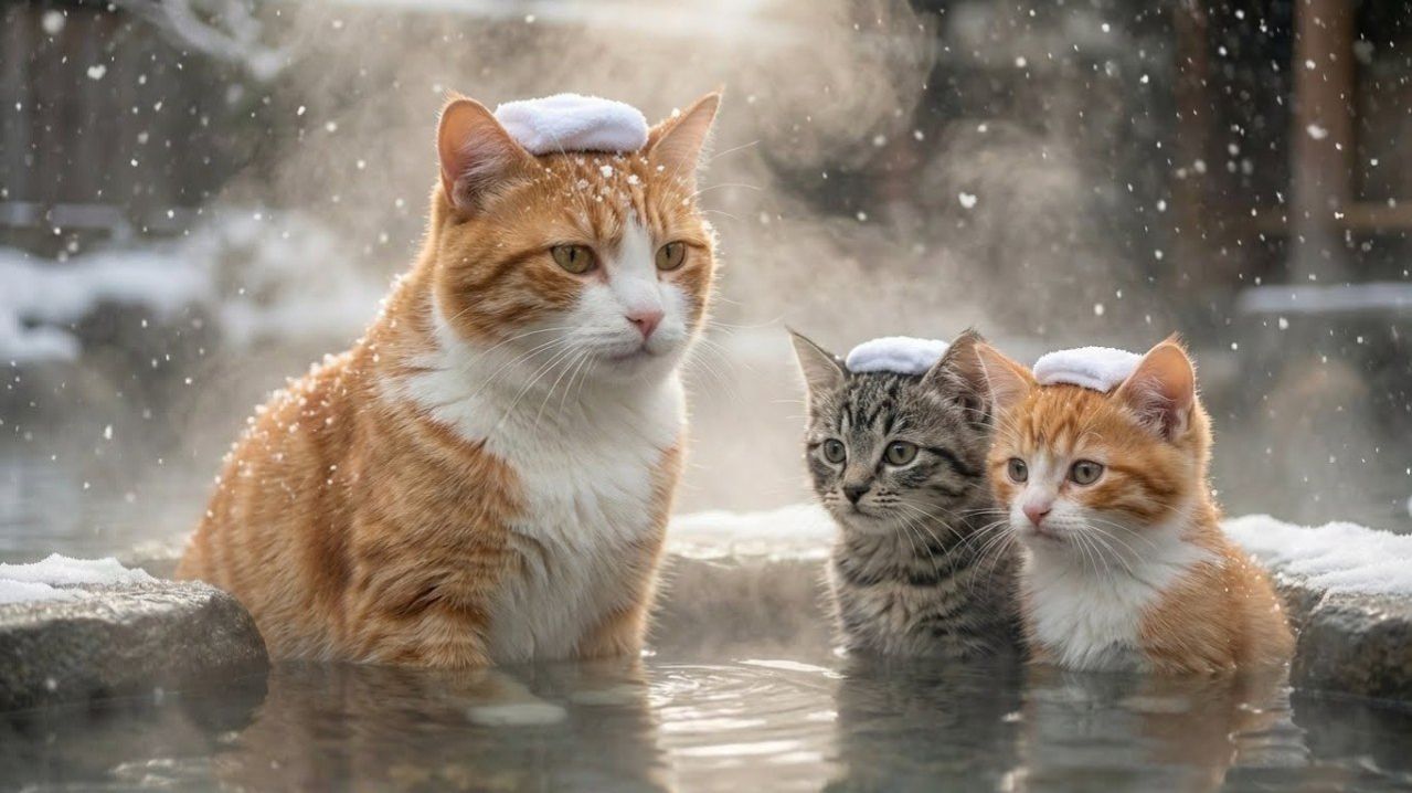 Первое купание в онсэне мамы-кошки и ее двоих котят в заснеженном лесу смотреть онлайн