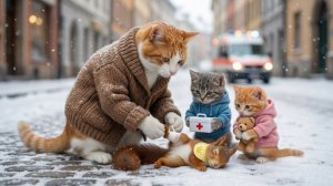 Мама-кошка и двое котят спасли раненого бельчонка