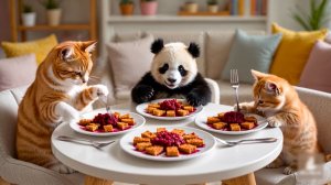 😹Мама кошечка приготовила вкусный мясной обед панде и её маленькому сыночку🔥