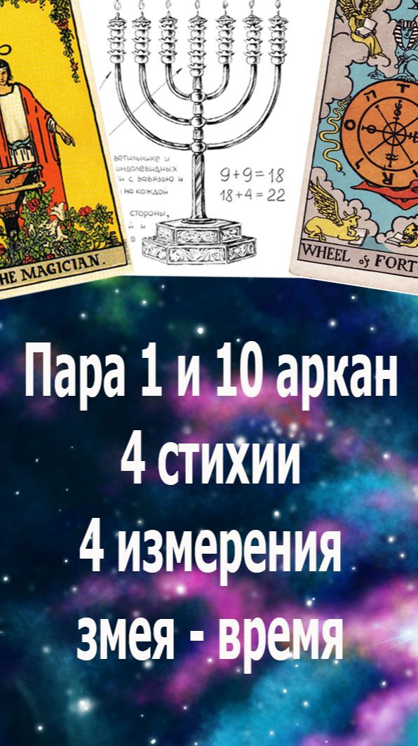 Арканы Таро : 1 Маг в паре с 10 Колесо фортуны -  4 стихии, 4 измерения, змея - время. #таро#жизнь#