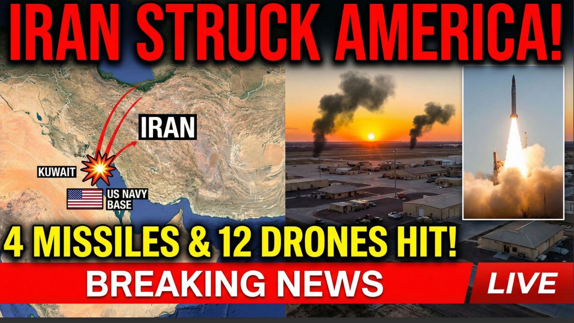 💥 IRAN STRUCK AMERICA! 4 missiles and 12 drones hit the U.S. Navy base in Kuwait! смотреть онлайн