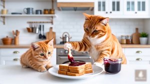 😹Мама кошечка кормит своего маленького сыночка вкусным вареньем с хлебом🔥