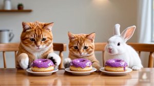 😹Мама кошечка кормит вкусными пончиками милого зайчишку и её маленького сыночка🔥