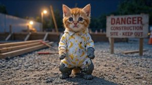 Рыжий котенок заблудился в мокром цементе, и никто об этом не знает папа и мама начинают поиски.