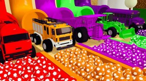 Учим цвета с помощью транспортного средства и футбольного мяча в волшебном бассейне с горками