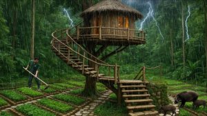 Строим дом убежище на дереве во время шторма. Выживаем и отдыхаем в дикой природе.