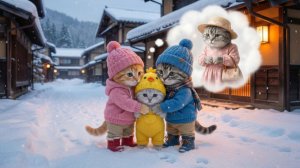 Мама-кошка и двое котят помогают самому милому потерявшемуся котенку зимой